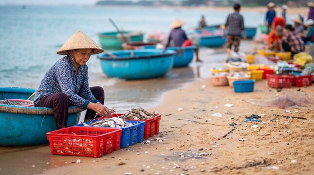 Fisherwoman in conical hat sorts shrimp in boat on beach.