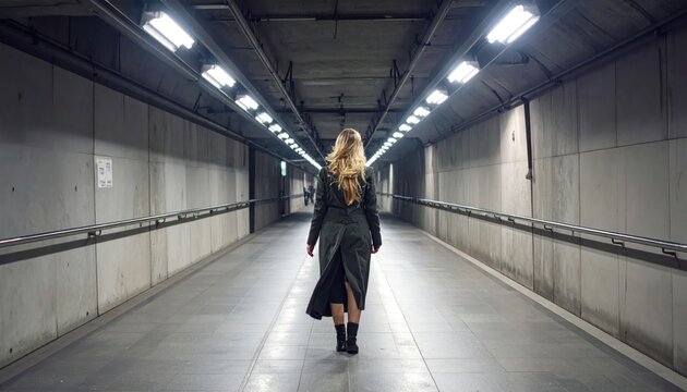 Woman walking alone in dark concrete tunnel, back view, dramatic lighting