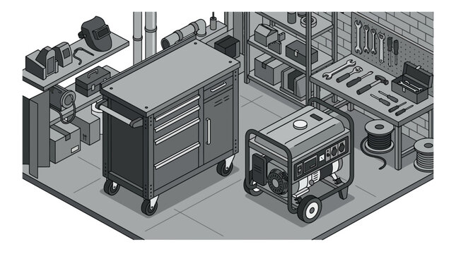 Workshop with generator and tool chest, isometric view