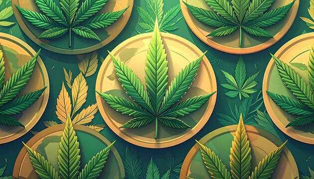 Cannabis Leaves on Golden Coins Background.