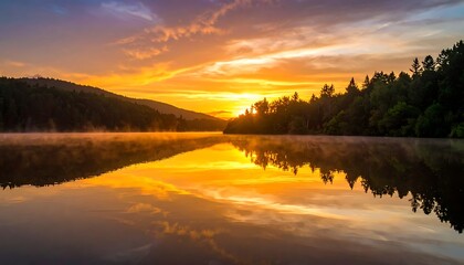 Fototapeta premium A serene lake at sunset with vibrant orange and yellow hues