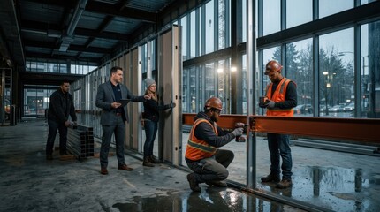 Fototapeta premium Construction Team Collaborating on Building a New Structure with Modern Design