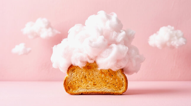 A slice of bread with a large fluffy cloud on top against a pink background 4k