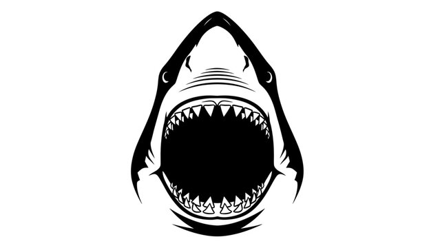 Black and White Shark Head Illustration with Open Mouth