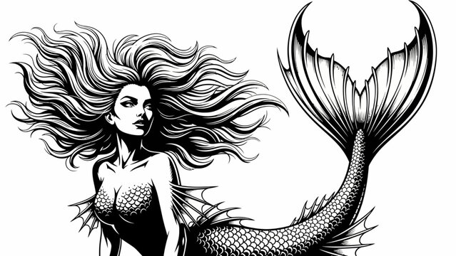 Black and White Mermaid Illustration with Flowing Hair