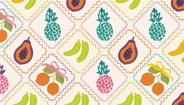 Seamless pattern of tropical fruits with pineapple papaya banana and orange in decorative diamond frames
