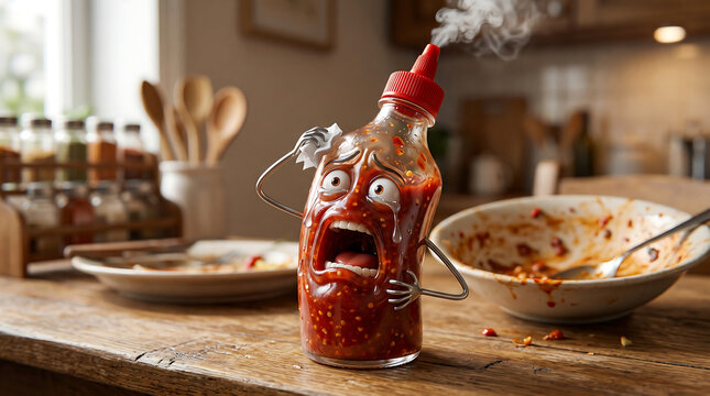 Funny Surreal Art: Chili Sauce Bottle Crying Because It Is Too Spicy