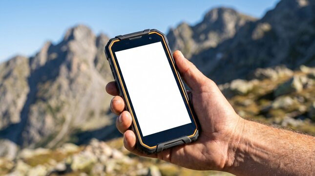 A hand holds a smartphone in a leather folio case against a mountainous landscape background.