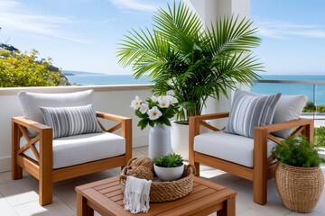 Fototapeta premium Luxurious coastal balcony with teak outdoor lounging furniture