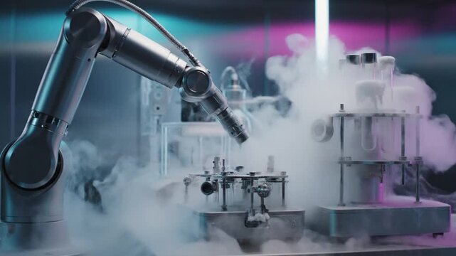 Robotic arm performs precision assembly tasks inside a laboratory filled with swirling cryogenic nitrogen gas.