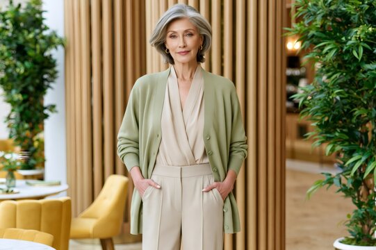 Elegant senior woman standing in modern restaurant