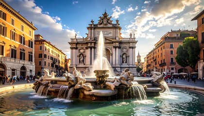 Naklejka premium Fountain in front of historic building.