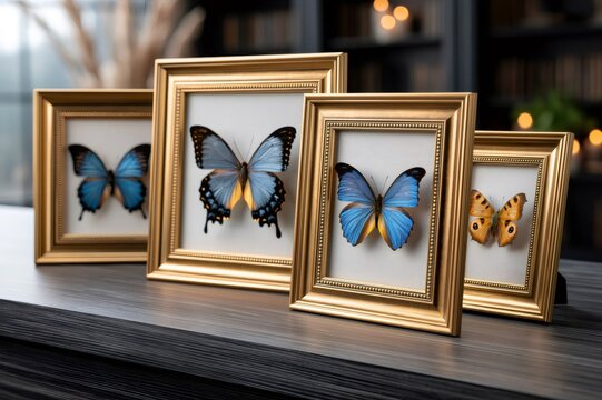 Butterfly taxidermy collection in golden frames on desk