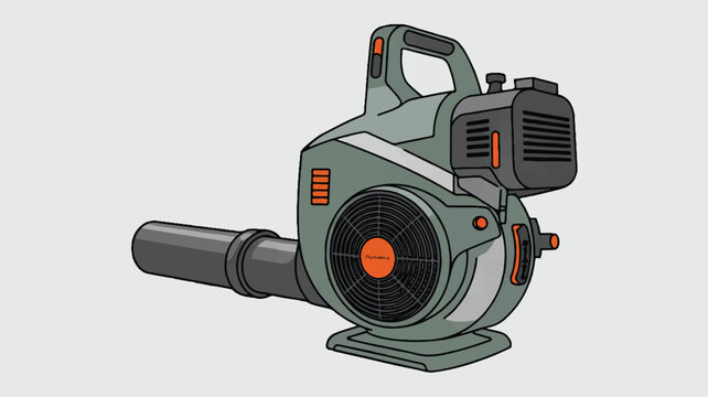 Leaf blower machine with orange accents and black fan on gray background