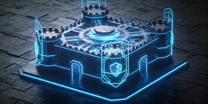 Cybersecurity digital fortress with glowing blue data core, secure network protection system, futuristic technology background for security banner and header