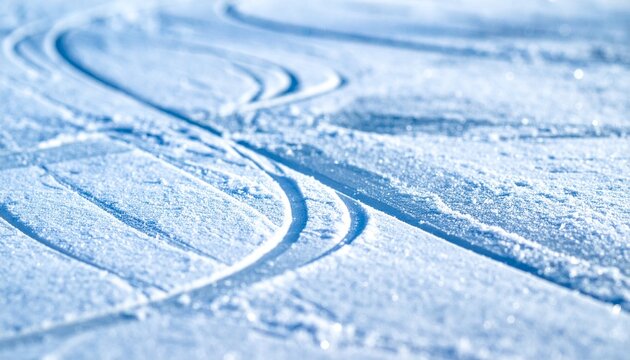 Close-up of ski tracks curving across a sunlit, snow-covered slope, highlighting the texture and pattern of the groomed snow