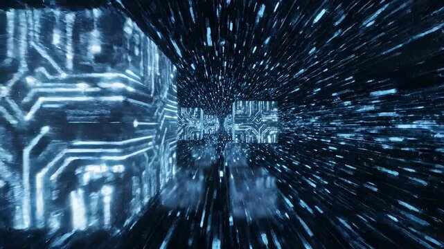 Abstract digital circuit board glowing with blue light in a futuristic tunnel.