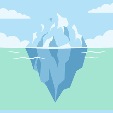 A large iceberg floats in the cold blue ocean water surface