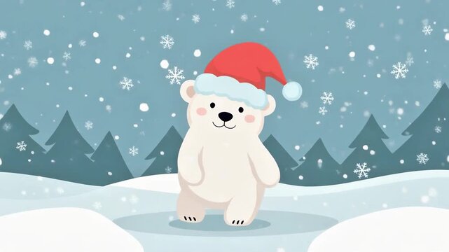 Cute Polar Bear Wearing Santa Hat in Snowy Winter Landscape 4K