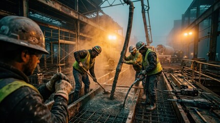 Fototapeta premium Construction Crew Pouring Concrete on a Building Site with Incandescent Lighting