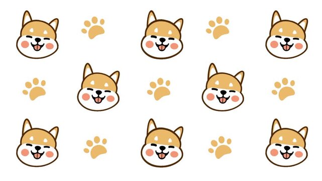 A repeating pattern sticker of Shiba Inu faces and paw prints scattered across a white background in warm tones