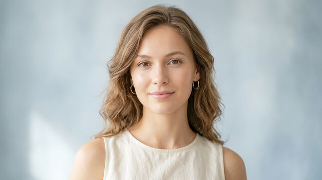 A smiling woman with wavy hair poses confidently, wearing a sleeveless top in a professional and elegant environment.