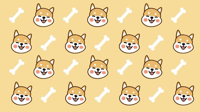 A golden Shiba Inu pattern sticker with dog faces and bones arranged in rows on a warm beige background design
