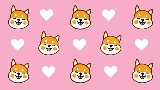 A pink background sticker sheet with multiple Shiba Inu faces and white hearts creating a love-themed dog pattern