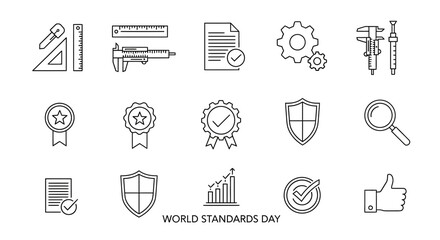 Fototapeta premium A collection of thin line icons representing quality standards and industrial measurement tools.