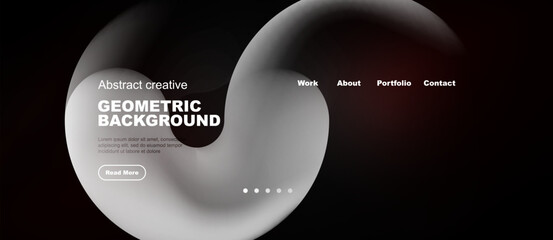 Naklejka premium Dark website mockup features abstract shapes, text elements, navigation options. Minimalist design with geometric background. Clean presentation.