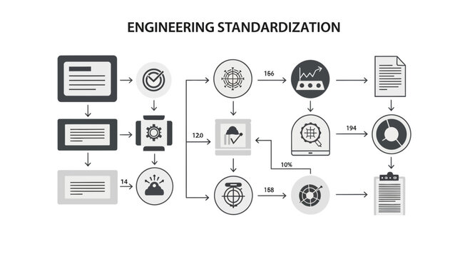 A detailed infographic illustrating the complex workflow process of engineering standardization.