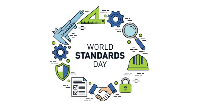 World Standards Day illustration with engineering and business icons.
