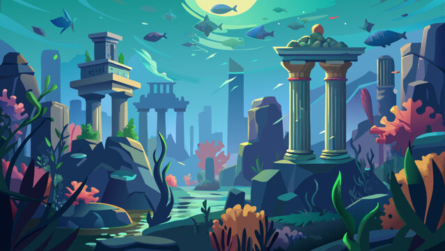 Underwater Atlantis Ruins with Fish and Coral Reef in Vibrant Fantasy Ocean Scene
