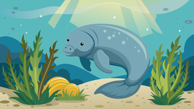 Cute cartoon manatee swimming underwater in tropical sea with sunlight rays and green plants