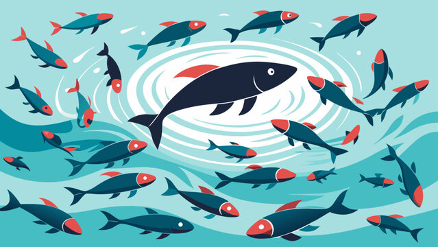 Swimming school of fish and sharks in circular motion underwater vector illustration