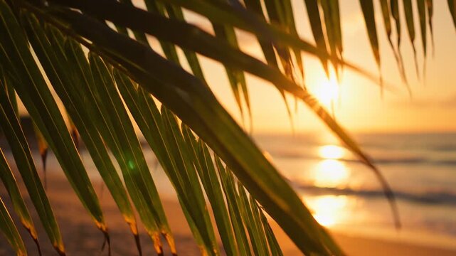 A close-up of green palm tree fronds with golden sunset light shining through, overlooking a blurred tropical beach and ocean background.