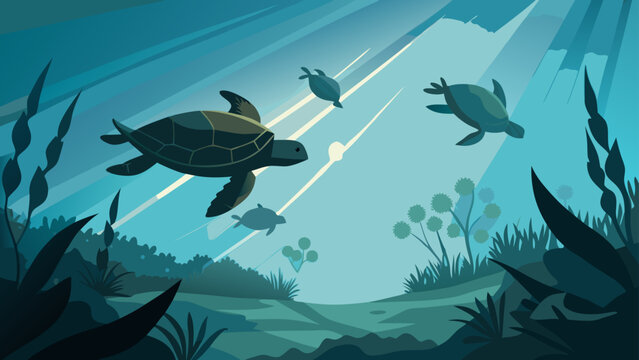 Sea turtles swimming together in vibrant underwater ocean scene with sunlight rays and coral