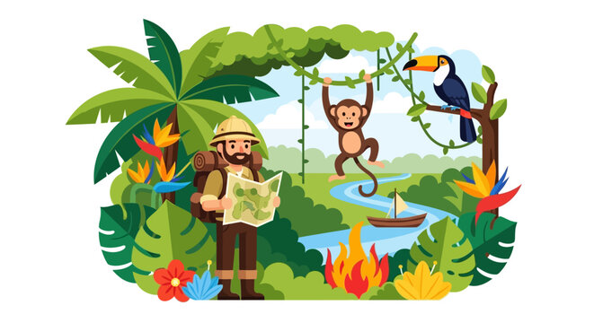 Explorer in jungle reading map with monkeys and birds in vector illustration