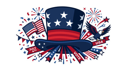 American Patriotism: Uncle Sam Hat, Flag, Eagle, Fireworks © Kartka