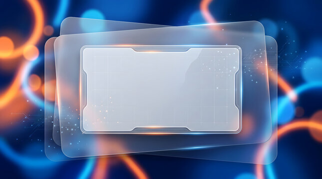 Futuristic glassmorphism UI frame on glowing neon orange and blue background