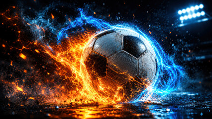 Fototapeta premium Soccer ball glowing with intense orange and blue fire flames