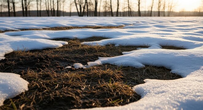 Uneven snow surface with patches of melting ground and grass