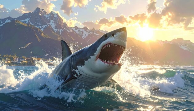 Great White Shark Leaping from Ocean at Sunset with Mountain Background