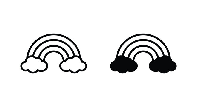 Two simple black and white rainbow icons with fluffy clouds presented on a plain background