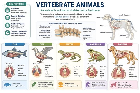 Educational Biology Infographic Showing Vertebrates and Skeletal Systems