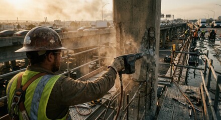 Fototapeta premium Construction Worker Drilling Concrete Pillar During Road Overpass Repair and Renovation