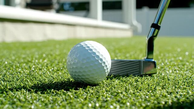 Close-up shot of a golf ball and putter on artificial green grass during a sunny day