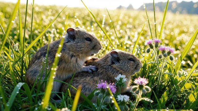 Two Field Mice Cuddle Together in a Meadow with Dew Drops and Wildflowers on a Sunny Day