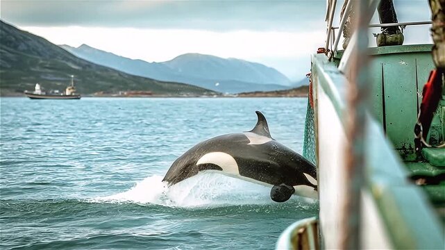 The orca or killer whale (Orcinus orca) eat some fish escape the nets from Trawlers ship in the Norwegian sea, the fjords of Norway.
