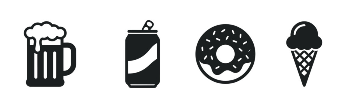 Set of beverage and sweet food icons including beer, soda, donut, and ice cream